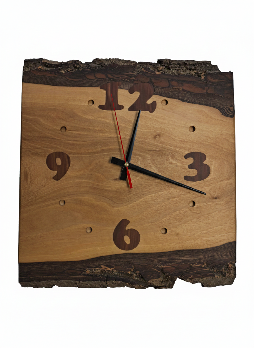 Horloge murale en noyer avec chiffres incrustés en prunier