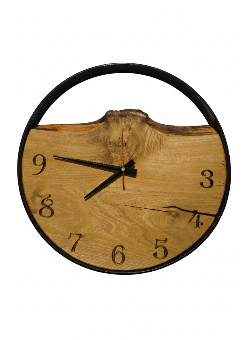 Horloge artisanale en bois et acier, Décoration naturelle, Bois Français