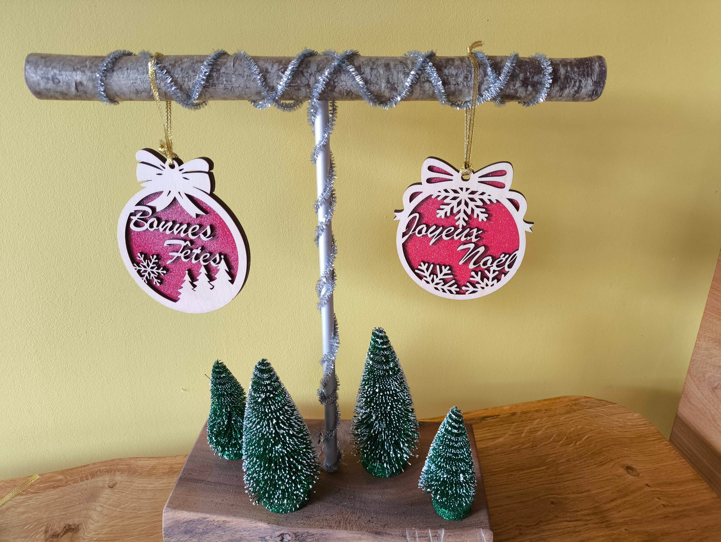 Boules Joyeux Noêl , Boules Bonne Fêtes, en bois