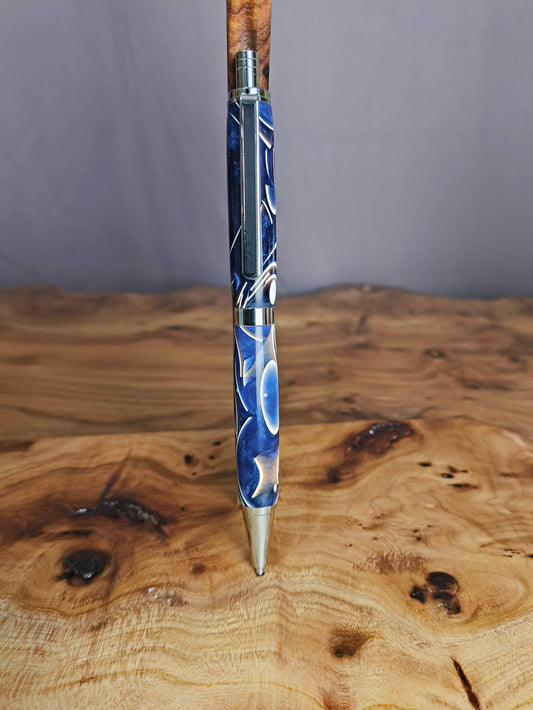 Stylo Clic-Clac Résine Époxy Bleu et Coquille d'Œuf